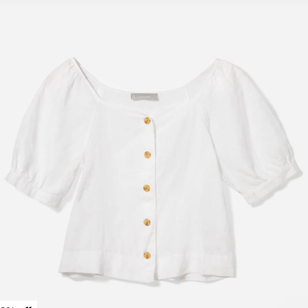 Everlane White Puff Sleeve Button-Front Top with Brown Buttons